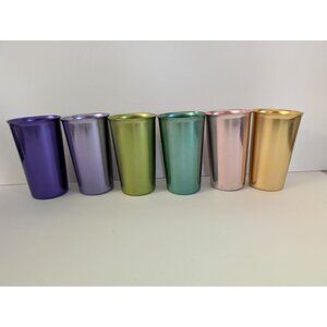 Vintage Anoware 6 Aluminum Tumblers Metallic Purple Silver Green Teal Pink Gold